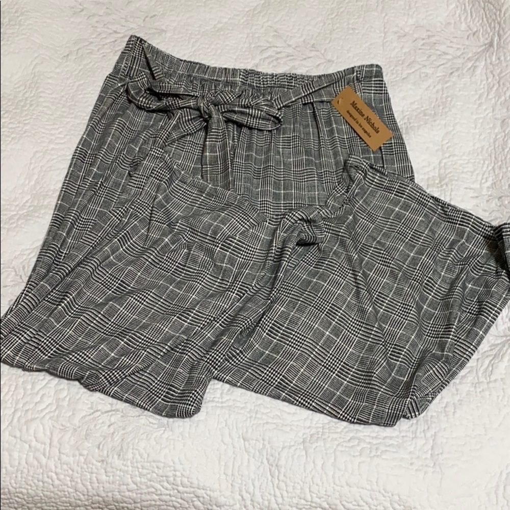 Flowing Pant Black White plaid Palazzo XL Ankle